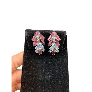 Purple and Blue Clip On Rhinestones Earrings Fancy Rhinestones Vintage Clips